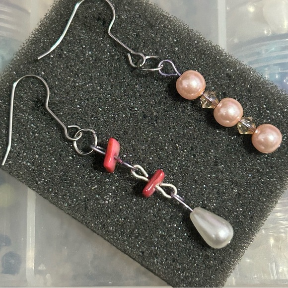 Hand Crafted Jewelry - Pink and White Pearl and Crystal Mismatched Earrings